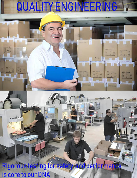 Quality engineering workspace featuring smiling man, machinery, and workers focused on production and safety tests.