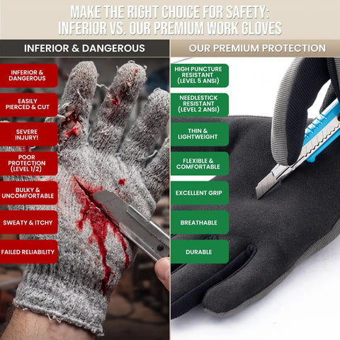 Comparison of inferior cotton gloves and Level 2 Needlestick And Level 5 Puncture Resistant Work Gloves with cut protection and durability.