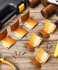 20 Pack Heavy Duty L Shaped Round Post Fence Brackets Built Different For Wood Fence Repair And Deck Railings Includes Self Tapping Screws laid out with screws on wooden background.
