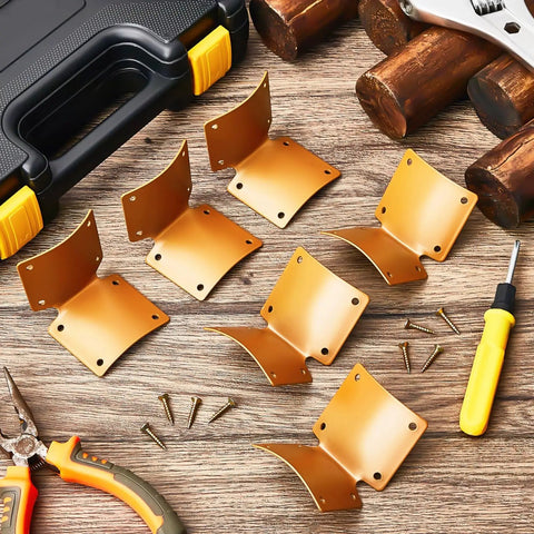 20 Pack Heavy Duty L Shaped Round Post Fence Brackets Built Different For Wood Fence Repair And Deck Railings Includes Self Tapping Screws laid out with screws on wooden background.