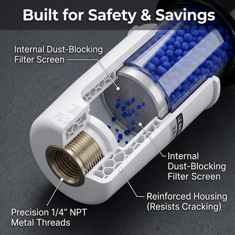 Close-up of air dryer for compressor showing internal dust-blocking filter and NPT threads, keeps tools dry up to 150 PSI.
