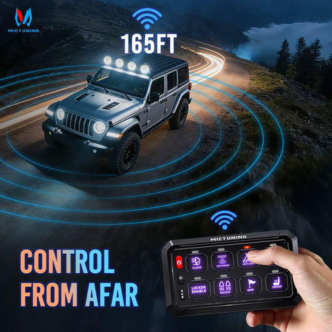 Car on road with remote showing 'P1s AC Wireless RGB Eight Gang Switch Panel With 433 Megahertz Remote Control No Wiring Needed.'