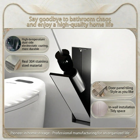 Hidden In Wall Toilet Brush Holder Cabinet in Matte Black with Tileable Door next to a toilet featuring a recessed niche design.