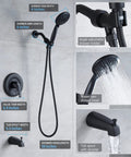 Shower Tub Kit With Valve Included Five Setting Handheld Shower Head And Tub Spout Single Handle Tub And Shower Trim Kit DIY Friendly Matte Black Finish Brass Valve Body With Pressure Balance For Safe And Consistent Water Temperature showing detailed features.