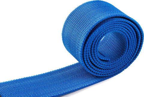 Kos Nylon Weight Belt For Freediving And Scuba, durable woven blue belt coiled view, ideal for training or shore dives, quick release buckle.