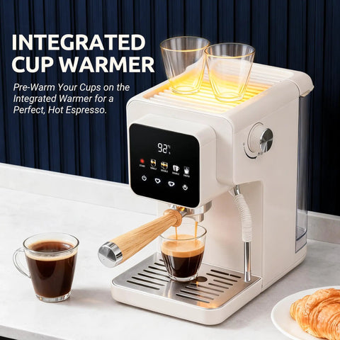 Next Level Touchscreen Espresso Machine Loaded With A 20 Bar Italian Pump And Quick Release Steam Wand For Rich Crema Dreamy Lattes And Zero Hassle Daily Coffee Runs At Home, featuring integrated cup warmer and display.