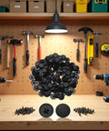 100 Pcs 11mm Screw Cap Covers Assortment Kit with black rubber and plastic caps for Phillips screws on workbench with tools in background