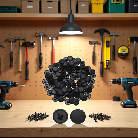 100 Pcs 11mm Screw Cap Covers Assortment Kit with black rubber and plastic caps for Phillips screws on workbench with tools in background