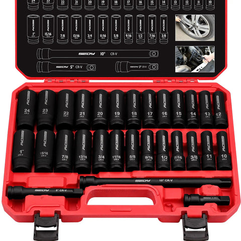 Heavy Duty 29-Piece 1/2 Inch Drive Impact Socket Set With SAE 3/8 To 1 Inch And Metric 10-24mm in red case