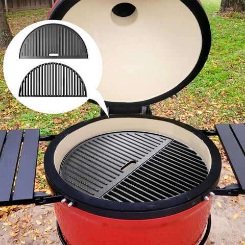 18 Inch Half Moon Cooking Grate And Reversible Griddle For Kamado Joe Classic I II III Large Big Green Egg Vision Grill shown in use