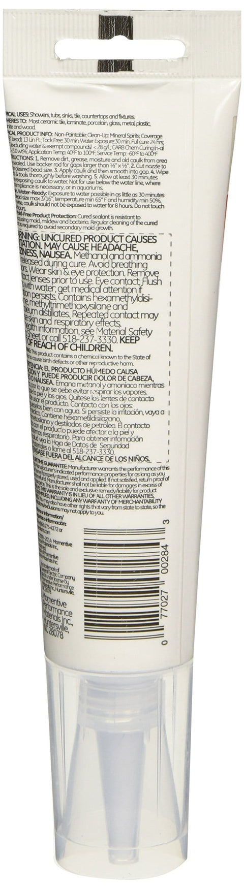 Back view of packaging with text for Advanced Silicone Kitchen And Bath Sealant 2.8 Oz Clear Mold Busting Odor Blocking Mildew Guard.