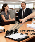 Heavy Duty Three Hole Punch With Labor Saving Handle Punches Up To 150 Sheets In A Single Pass for schools.