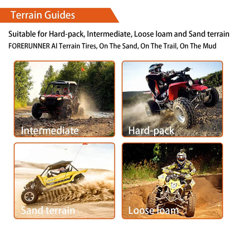 Image showing ATVs and UTVs on various terrains: intermediate, hard-pack, sand terrain, and loose loam with Beefed Up All Terrain Tires.