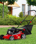 131cc Gas Lawn Mower That Is Self Propelled With Rear Wheel Drive 18 Inch Cutting Width 50L Grass Bag 3 In 1 Mulching Side Discharge Rear Bagging Lightweight Push Button Start Mower Built For Thick Slopes Red on grass