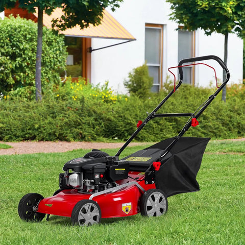 131cc Gas Lawn Mower That Is Self Propelled With Rear Wheel Drive 18 Inch Cutting Width 50L Grass Bag 3 In 1 Mulching Side Discharge Rear Bagging Lightweight Push Button Start Mower Built For Thick Slopes Red on grass