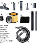 Beast 12 Gallon Wet Dry Vacuum With Detachable Blower accessories including nozzles, filters, and hose displayed.
