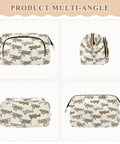 Multi-angle view of Vintage Aircraft Cartoon Makeup Bag with quilted design, large capacity, durable polyester for flight and daily use.