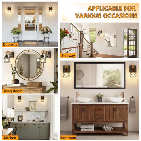 Badass Dimmable Wall Sconces Set Of Two With Rotary Switch And Black Metal Cage With Wooden Post featured in various home settings.