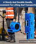 Person holding Beast 5000 CFM 1HP Air Mover Blower For Floors And Carpets in warehouse; stackable floor dryers shown on right