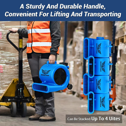 Person holding Beast 5000 CFM 1HP Air Mover Blower For Floors And Carpets in warehouse; stackable floor dryers shown on right