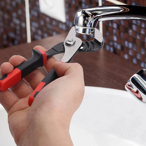Using 6.5 Inch Slip Joint Pliers With Groove Joint Function on metal faucet, ergonomic grip visible