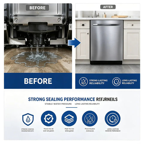 Before and after installation of Premium DD62-00050A Rubber Seal Sump Gasket Replacement For Dishwasher Sump Assembly showing no leaks.