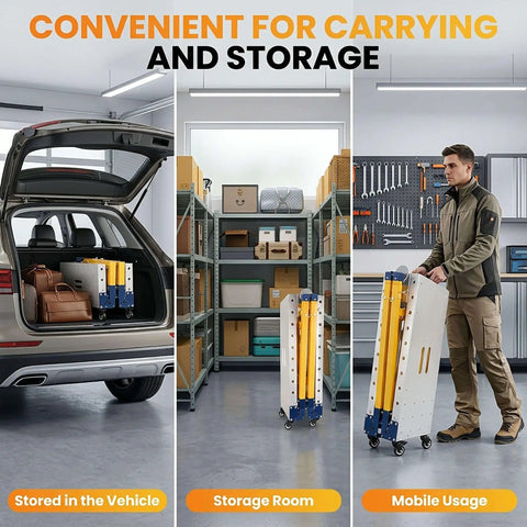 Heavy Duty Folding Welding Table With 1200 Lb Load Capacity And Adjustable Height Setup For Real Shop Projects Built Like A Tank Steel Work Bench Surface stored in a vehicle and being transported in a storage room.