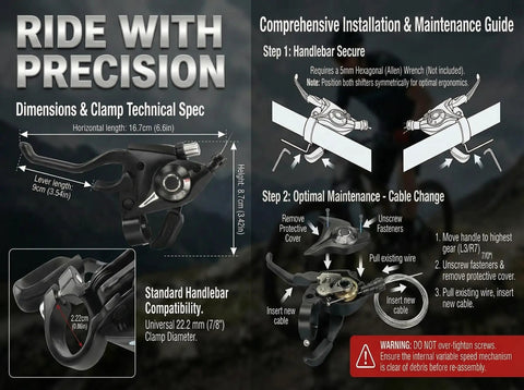 3x7 Speed Shifter Brake Levers Combo for MTB showing dimensions, installation guide, and handlebar compatibility