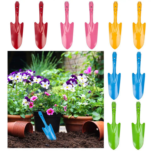 Mini Colorful Metal Hand Shovels Set 10 Pack Garden Trowels For Kids Teens And Adults Perfect For Flower Soil Planting Digging And Transplanting 11 By 3 Inches Durable Metal Garden Tools displayed above a garden scene