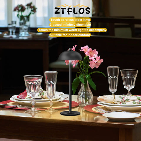 Cordless Table Lamp With 5200mAh Battery, LED Portable Touch Desk Light, on a restaurant table setting with flowers and glasses.