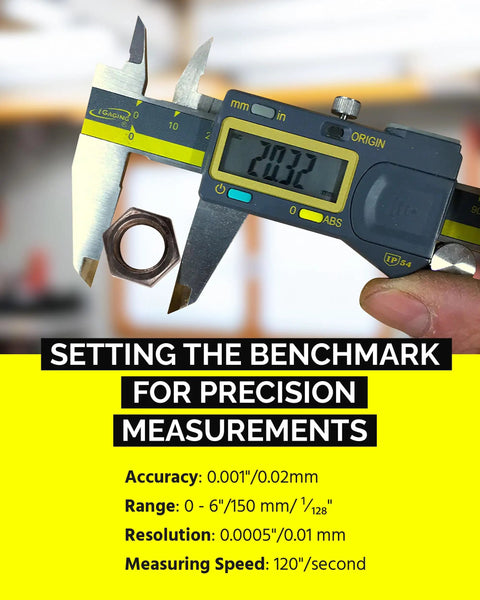 Absolute Origin 0 To 6 Inch Digital Caliper Pro Grade measuring a metal nut, showing precision and resolution details