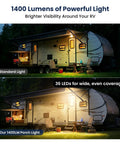 Comparison of RV lighting at night. Top with standard light, bottom with Aluminum RV Porch Light With Dual Color White And Amber, 1400 Lumen Outdoor Lamp For Campers, Trailers And Motorhomes, IP67 Waterproof, 12-30V DC, White Housing, Easy Switch Between Cool White Or Warm Amber, 1 Pack.