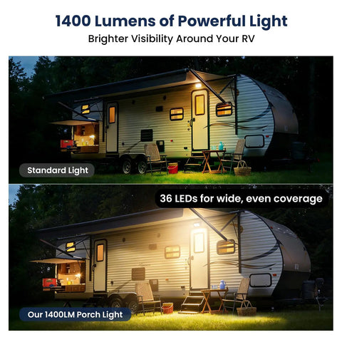 Comparison of RV lighting at night. Top with standard light, bottom with Aluminum RV Porch Light With Dual Color White And Amber, 1400 Lumen Outdoor Lamp For Campers, Trailers And Motorhomes, IP67 Waterproof, 12-30V DC, White Housing, Easy Switch Between Cool White Or Warm Amber, 1 Pack.