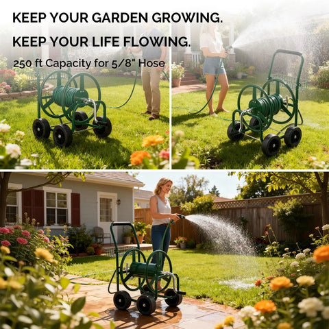4 Wheel Garden Hose Reel Cart With Storage Basket Portable Hose Cart used in a garden with hose watering plants