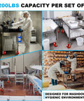 Heavy Duty 5 By 2 Inch Stainless Steel Caster With Red Solid Polyurethane Wheel And 800 Lbs Capacity Single Swivel Industrial Caster used in a hygienic commercial kitchen.