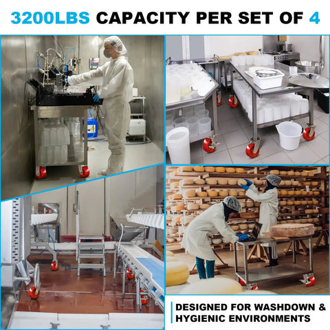 Heavy Duty 5 By 2 Inch Stainless Steel Caster With Red Solid Polyurethane Wheel And 800 Lbs Capacity Single Swivel Industrial Caster used in a hygienic commercial kitchen.