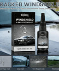Windshield Crack Repair Kit 2 Pack Quick Fix Formula With 30ml Glass Repair Liquid 2 Blades And 10 Curing Films package and bottle on car hood
