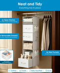 Versatile Six Shelf Hanging Closet Organizer With Split Shelf Design And Three Removable Drawers For Ultimate Flexibility Plus Four Mesh Storage Pockets. Features 6 open shelves, 3 drawers, and 4 side pockets.