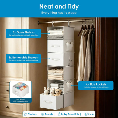 Versatile Six Shelf Hanging Closet Organizer With Split Shelf Design And Three Removable Drawers For Ultimate Flexibility Plus Four Mesh Storage Pockets. Features 6 open shelves, 3 drawers, and 4 side pockets.