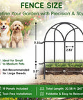 19 Pack Garden Fence Panels For Easy Install, 20.58 Feet Of Metal Fence For Yard Borders, shown with panel dimensions and pet suitability