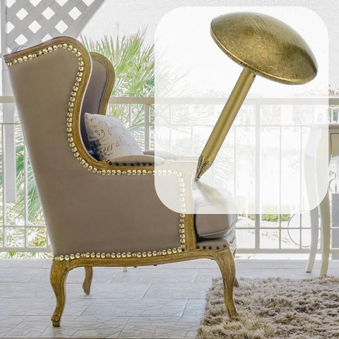 Rock Solid Brass Upholstery Tack Strips 10 Pack 32 Foot Decorative Nail Bands For Couch And Chair Reupholstering shown on a styled chair.