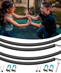 Badass Trampoline Replacement Poles For 8 To 16 Ft Backyard Jumpers, curved poles with mounts, kids jumping on trampoline.
