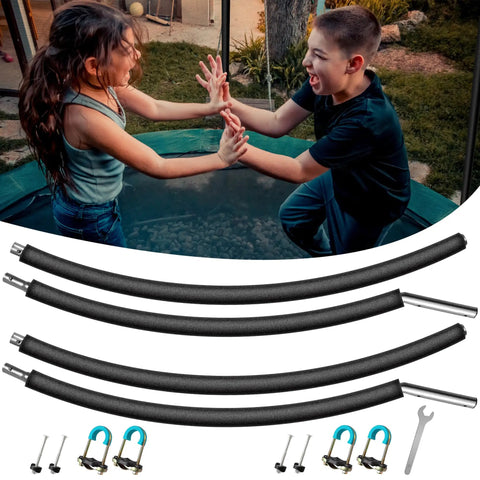Badass Trampoline Replacement Poles For 8 To 16 Ft Backyard Jumpers, curved poles with mounts, kids jumping on trampoline.