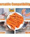 All In One Heat Shrink Tubing Kit With 3 To 1 Shrink Ratio, Adhesive Lined, Orange, Six Diameters From One Sixteenth To One Half Inch, Two Feet Per Size, DIY Ready For Wiring, Automotive And Marine Electrical Repairs shown with tools and wiring applications in four sections.