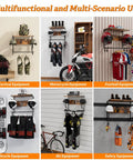 Wall Mounted Motorcycle Helmet Rack With Four Hooks And Glove Clips displaying various sports and tactical gear organized by type.
