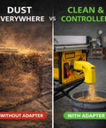 Comparison of table saw with dust everywhere vs. clean using Dual Port Dust Collection Adapter For Table Saws 2.5 Inch, 62 To 66mm Universal Fit