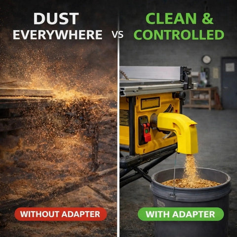 Comparison of table saw with dust everywhere vs. clean using Dual Port Dust Collection Adapter For Table Saws 2.5 Inch, 62 To 66mm Universal Fit
