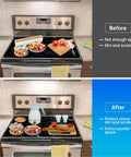 Top view comparison of stove with Extra Large Black Marble Stove Top Cover for Electric and Glass Cooktops, showcasing added space and protection.