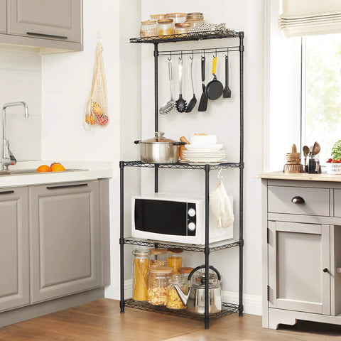 Sleek Adjustable Baker Rack Featuring Four Roomy Tiered Shelves And Six Sturdy Hanging Hooks Delivering A Straight Up Kitchen Game Changer For Counter Storage
