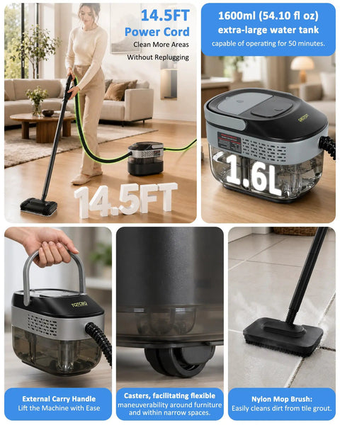 Ditch the hassle of buying two gadgets! This 2-In-1 Steam Cleaner showcases a 1600ml water tank and 14.5ft power cord.